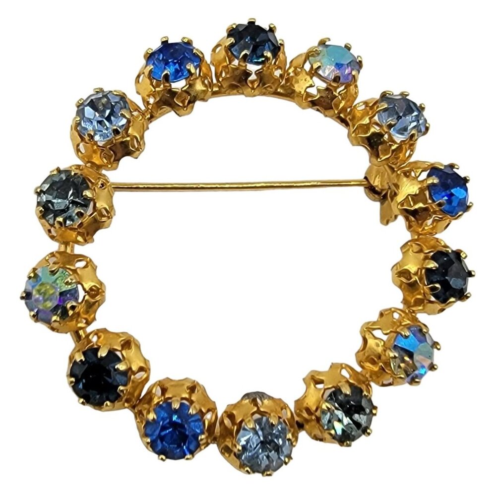 Austria Gold Tone Blue Rhinestone Open Round Filigree Brooch Pin - Picture 4 of 4